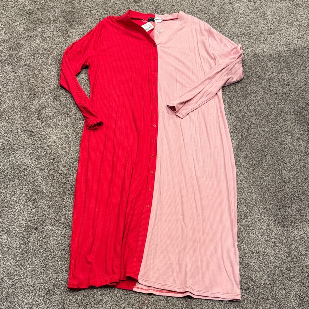 Two-Tone Pink & Red Midi Button-Front Dress